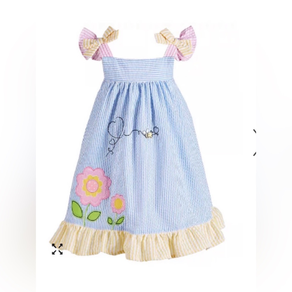 Blueberi Boulevard Light Blue Stripe Sundress with Flower & Bee Appliqués